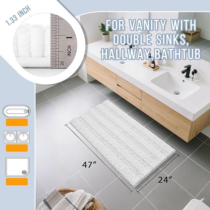 Yimobra Bathroom Rug Mat 47 x 24, Non Slip and Super Absorbent Bath Mat,Machine Washable Quick Dry,Ultra Plush Chenille Shower Rugs for Bathroom Floor Sink Tub and Shower Outside,White - ModernBath