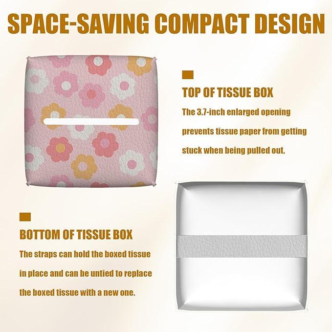 Retro Pink Flower Tissue Box Cover 2PCS, Leather Tissue Box Holder Square Facial Paper Case Tissue Box Cube Organizer for Bathroom Bedroom Desk Office - ModernBath