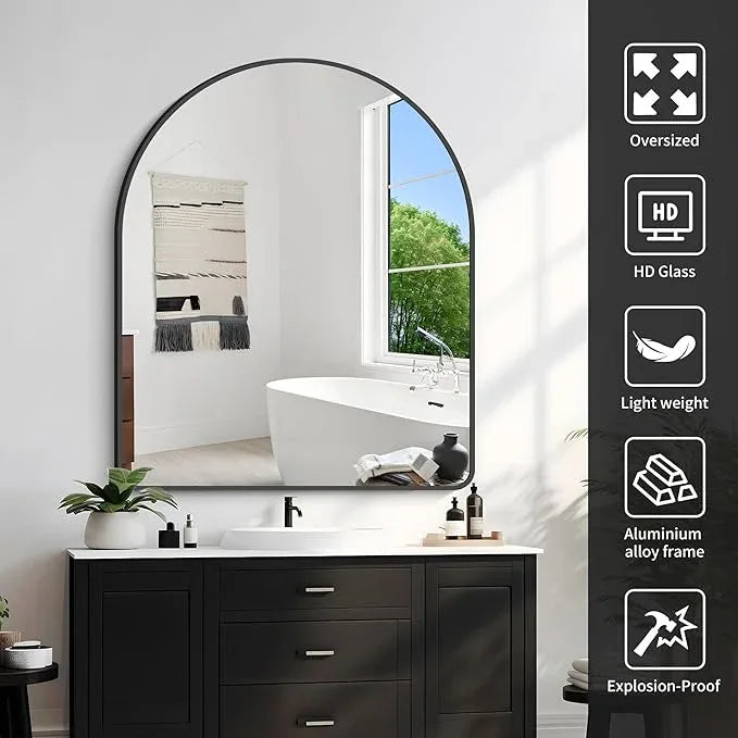 FORBATH Arched Mirror 40x32 Inch, Black Arched Bathroom Mirror Wall Mounted Modern Black Aluminum Frame Decor Large Dresser Mirror for Bedroom Living Room Entryway, Hanging or Leaning Against Wall - ModernBath