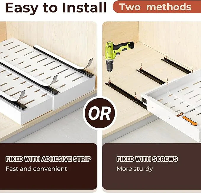 2 Pack Pull Out Drawers for Cabinets, Slide Out Drawer Expandable Width (10"-15") and Depth (11"-17") With 3 Slides, Fixed with Adhesive Film & Nail for Cabinets in Kitchen, Pantry or Bathroom - White - ModernBath