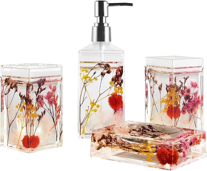 Locco Decor 4 Piece Acrylic Liquid 4D Floating Motion Bathroom Vanity Accessory Set Garden Botanic Pink Plants Toothbrush Holder, Tumbler, Soap Dispenser, Soap Dish - ModernBath