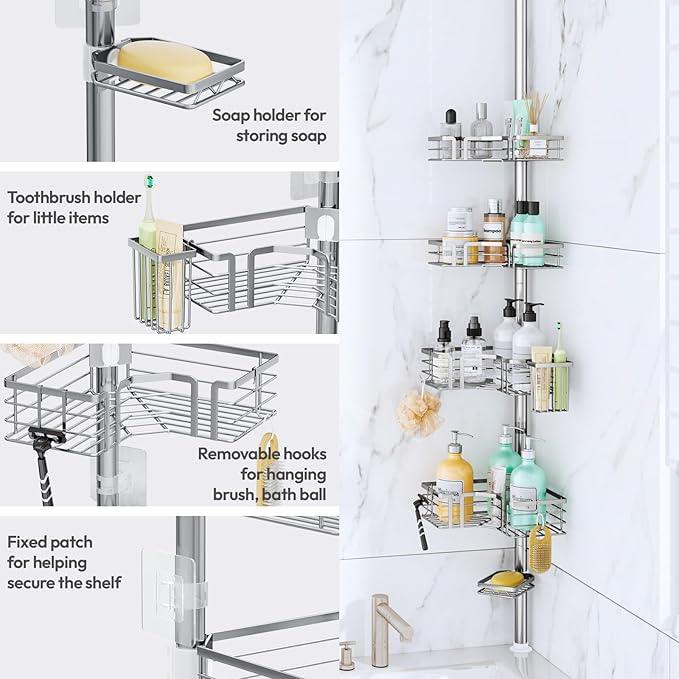 SWTYMIKI Shower Caddy Tension Pole - 4-Tier Corner Shower Organizer Tension Rod with Soap Holder, Toothbrush Holder & 4 Hooks, Adjustable Stainless Steel Bathroom Organizer 27.6 to 108.3 inch, Silver - ModernBath