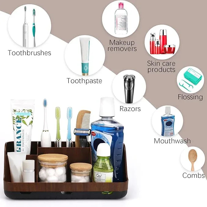 GFWARE Wood Toothbrush Holders for Bathrooms Countertop Organizer - Detachable 7 Slots Kid Bathroom Decor and Accessories, Wooden Bathroom Sink Storage Organization, Caddy, Tray, Brown - ModernBath