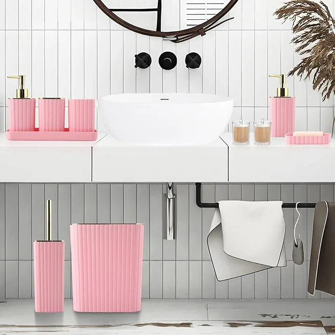 XLHOMO Pink Bathroom Accessories Set - Gorgeous Bathroom Set, 10PC Bathroom Accessory Set, Toilet Brush, Trash Can, Qtip Holder Dispenser & Soap Dispenser - ModernBath