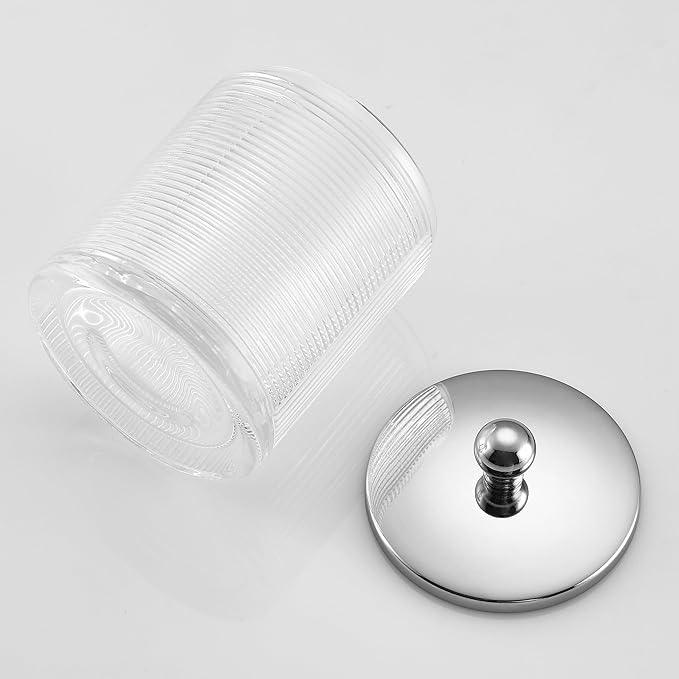 Indecor Home Clear Transparent Apothecary Ribbed Geometric Etched Glass Jar W/Silver/Chrome Metal Lid Cover for Bathroom Organization, Cotton Balls, Q Tips, and Small Accessories, Bathroom Storage - ModernBath