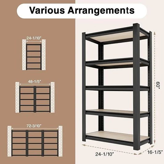WORKPRO House 5-Tier Shelving Unit, 3000lbs Adjustable Storage Shelves, Boltless Book Shelf, Shelf Organizer for Kitchen, Living Room, Bathroom, Wood Grain Pattern, Waterproof Board, 24-1/10"W, Black - ModernBath