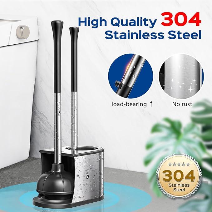 HAMITOR Toilet Plunger and Brush Set: 2 in 1 Stainless Steel Bowl Brush with Holder, Deep-Cleaning Curved Bristles and Heavy Duty Unclogger, Compact Design for Household & Hotel, Silver, 2-Pack - ModernBath