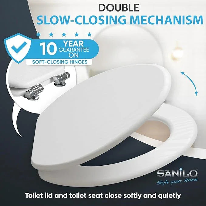 SANILO Wooden Toilet Seat with Soft Close [ELONGATED] - Decorative, Quiet & Slow Close Molded Wood Seat - With Strong Bumpers & Hinges - Adjustable Fit - White Wood - ModernBath