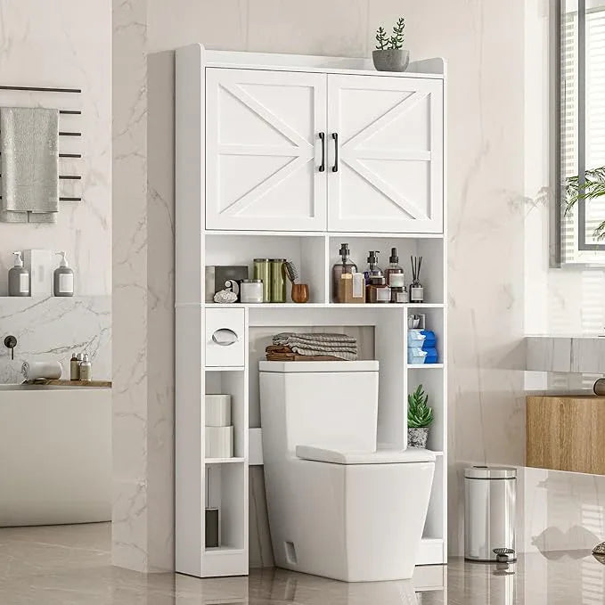Over The Toilet Storage Cabinet, Farmhouse Toilet Cabinet Rack with Barn Doors, Space Saving Bathroom Organizer with Shelves, Toilet Paper Holder and Towel Rack for Bathroom,Restroom,Laundry（White） - ModernBath