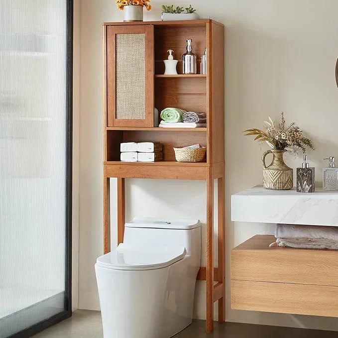 LEYAOYAO Over The Toilet Storage Cabinet with Rattan Sliding Door, 68" Tall Wood Above Toilet Bathroom Organizer w/Adjustable Shelf & Curved Profile, Space Saver Freestanding Washer Shelf - ModernBath