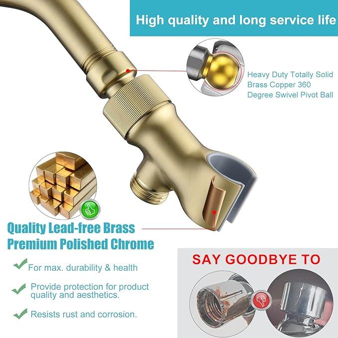 Shower Head Holder All Metal Adjustable Handheld Shower Arm Mount, 1/2" Shower Hose Holder Fits Most Hand Showerheads, Brass Hand Held Shower Head Holder , Easy to Install(Brushed Gold) - ModernBath