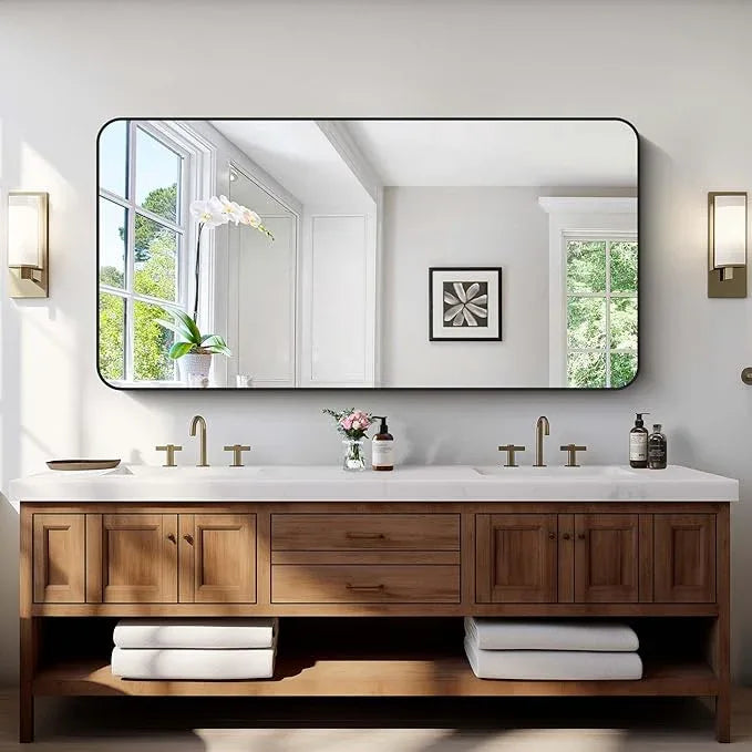 CIVENO Bathroom Mirror, 60 x 30 inch Black Rectangle Wall Mirror, Metal Frame Rounded Corner Vanity Mirror, Large Wall Mounted Mirrors for Over Sink Bedroom Living Room Horizontal Or Vertical Mounting - ModernBath