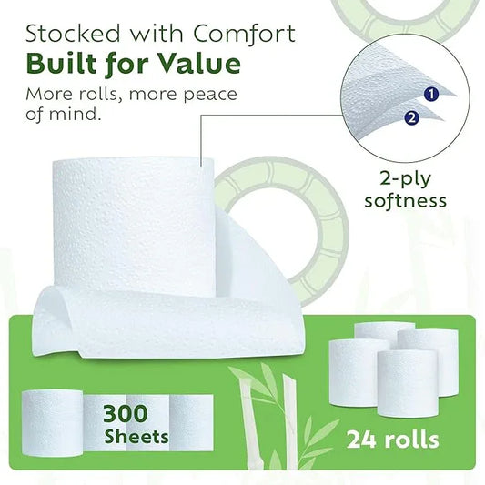 Bamboo Toilet Paper, Septic Safe Toilet Paper 2 Ply 24 Rolls 300 Sheets Per Roll, Soft Unscented Bath Tissue, RV Safe, Eco-Friendly, Non Chlorine, PFAS Free, Made in Canada - ModernBath