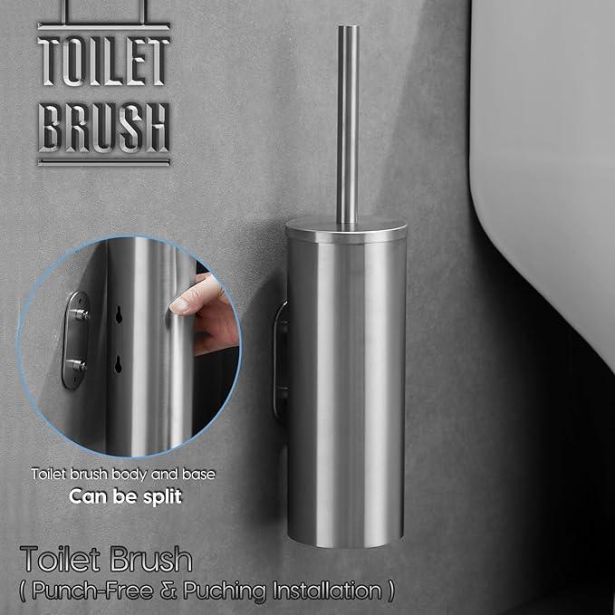 Brushed Stainless Steel Toilet Brush and Cover, No-Punch Hook Base Dual Purpose Toilet Brush Holder with Removable Inner Bucket and Splash Cover - Soft Bristles (Brushed) - ModernBath