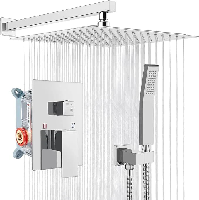 gotonovo Rainfall Bathroom Shower System Rain Shower Head and Handle Set Wall Mounted Shower Complete Combo Solid Brass Pressure Balancing Shower Mixer Valve 16 Inch Polished Chrome - ModernBath