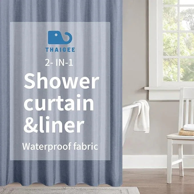 THAIGEE 2-in-1 Waterproof Fabric Shower Curtain or Liner,Linen Textured,Breathable TPU & Washable Bathroom Shower Curtain Set with 12 Plastic Hooks,Modern,72"x72" Blue Gray - ModernBath