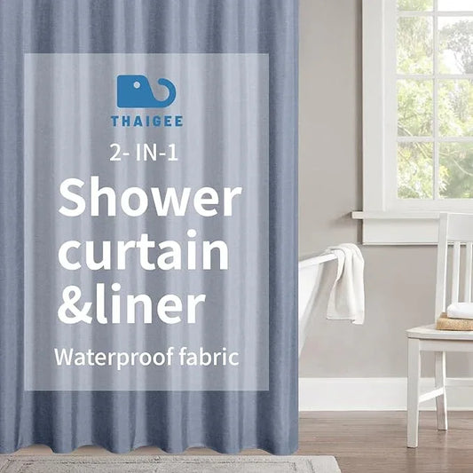 THAIGEE 2-in-1 Waterproof Extra Long Fabric Shower Curtain or Liner,Linen Textured,96 Inch Breathable TPU & Washable Bathroom Shower Curtain Set with 12 Plastic Hooks,Modern,72"x96" Blue Gray - ModernBath