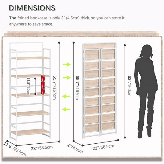 4NM No Assembly 5 Tiers Folding Bookshelf Storage Shelves Vintage Bookcase Standing Racks Study Organizer Home Office (Natural White)
