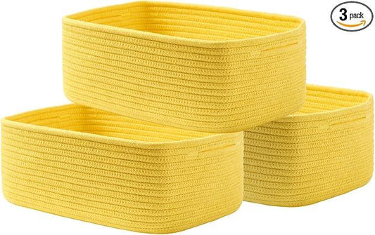 Small Woven Basket, 13.5 x 9.5 x 5 Inches, Storage Basket for Organizing, Cute Small Rope Shelf Closet Cube Storage Bins Baskets for Shelves, Dog Toy Gift Baskets Empty, 3 Pack Yellow - ModernBath