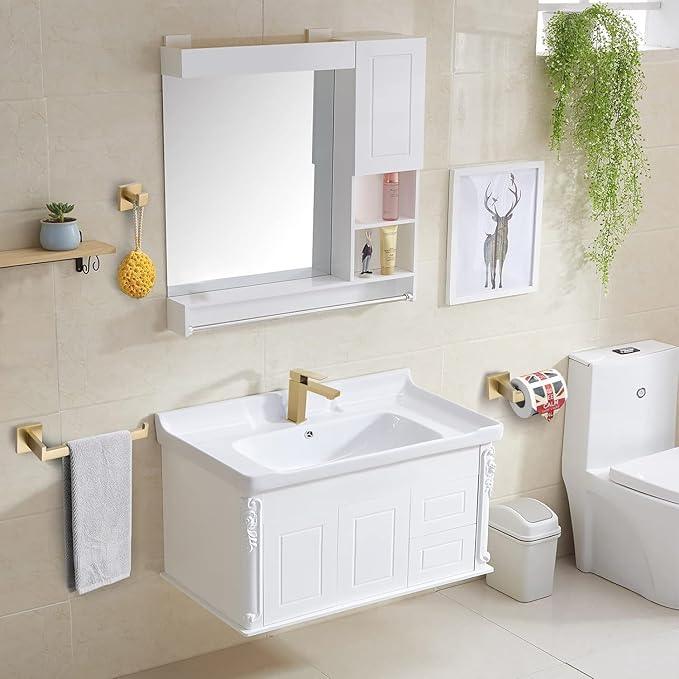 TURS Brushed Gold 4-Pieces Bathroom Hardware Set Towel Bar Set Include 16 Inch Single Towel Bar Towel Holder Toilet Paper Holder Towel Wall Mounted Robe Hook, Stainless Steel - ModernBath