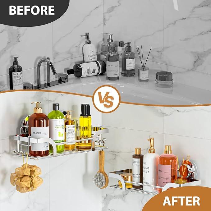 LEVERLOC Shower Caddy Suction Cup 2 Pack, Shower Shelf for Inside, Large Capacity Bathroom Organizers and Storage, Rustproof & Waterproof Metal Bath Basket, No-Drilling, Heavy Duty, Silver - ModernBath