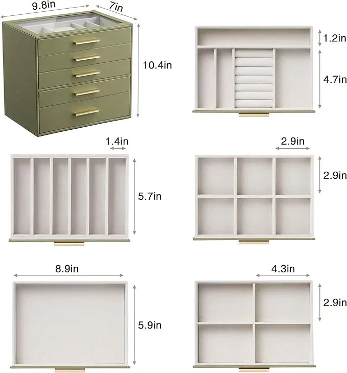 Jewelry Box Organizer Case for Women: 5-Layer Jewelry Storage Case with Glass Window, Olive Green Leather with Cream Velvet, Holder for Ring Necklace Bracelet Brooch Watch, Great Gift for Her - ModernBath