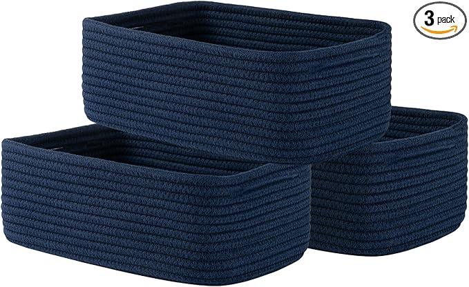 Small Woven Basket, 12 x 8 x 4.5 Inches, Storage Basket for Organizing, Cute Small Rope Shelf Closet Cube Storage Bins Baskets for Shelves, Dog Toy Gift Baskets Empty, 3 Packs, Navy Blue - ModernBath
