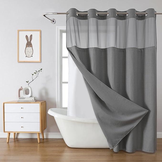 eachope Grey No Hook Waffle Weave Shower Curtain with snap-in Liner Replacement, 230GSM Waterproof Fabric Hotel Shower Curtain Set for Bathroom, Through Mesh Top Window,71Wx92H - ModernBath