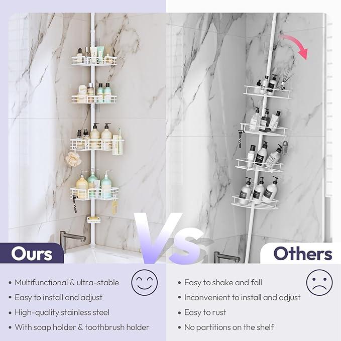 SWTYMIKI Shower Caddy Tension Pole - 4-Tier Corner Shower Organizer Tension Rod with Soap Holder, Toothbrush Holder & 4 Hooks, Adjustable Stainless Steel Bathroom Organizer 27.6 to 108.3 inch, White - ModernBath