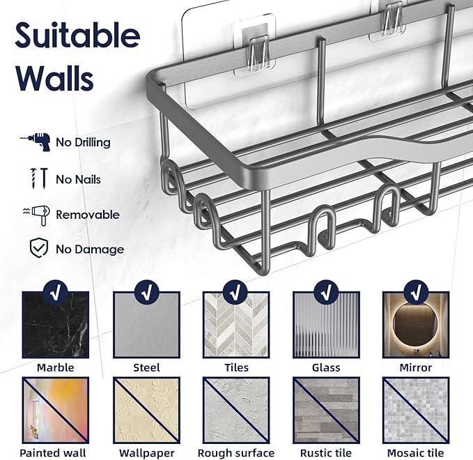 Shower Caddy Adhesive Shower Organizer 7-Pack, Rustproof Stainless Steel Bathroom Shelves, Large Capacity No-Drill Rack Storage Accessories with Soap Dish Toothbrush Holder Hooks (Gray) - ModernBath