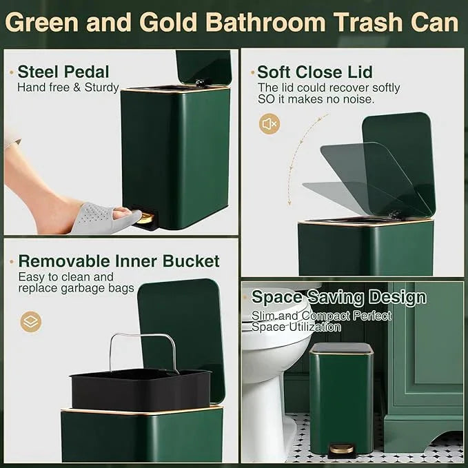 XLHOMO Bathroom Set Bathroom Accessories Set 8 Piece Green and Gold Bathroom Set, Bathroom Sets with Stainless Steel Trash Can,Toilet Brush,Toothbrush Set,Soap Dispenser - ModernBath