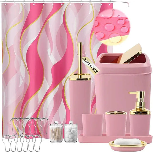 XLHOMO Pink Bathroom Set, Bathroom Sets with Stripe Shower Curtain, Pink and Gold Bathroom Accessories with Trash Can, Soap Dispenser, Soap Dish, Toilet Brush Holder, Qtip Holders for Bathroom - ModernBath