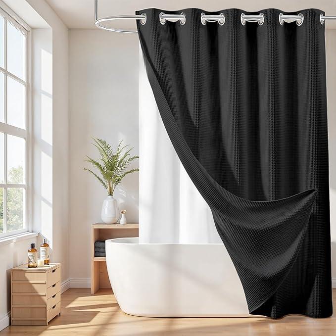 River Dream Extra Long No Hook Shower Curtain with Snap in Liner, Cotton Blend Shower Curtains for Bathroom, Hotel Grade, Water Repellent, Black, 71" Wx86 L - ModernBath