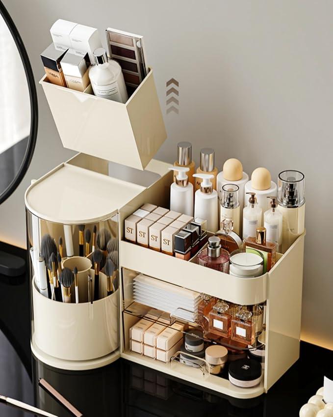 Makeup Organizer with Rotating Brush Holder Cosmetic Organizer with Drawers Countertop Skincare Organizer for Vanity,Cosmetic Display Case Storage (Cream, Large) - ModernBath