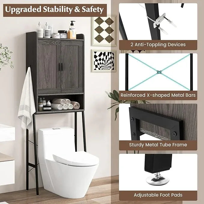Giantex Over The Toilet Storage Cabinet, Freestanding Space Saver Above Toilet Storage with Metal Stand, Adjustable Shelves & 2 Hooks, Wooden Over Toilet Bathroom Organizer for Laundry Room, Restroom - ModernBath