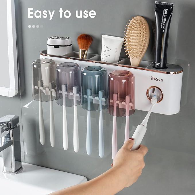 iHave Toothbrush Holders Bathroom Accessories with Toothpaste Dispenser, 4 Cups Toothbrush Holder Wall Mounted Bathroom Decor - ModernBath
