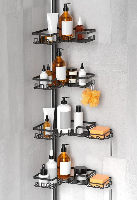 KEGII Shower Caddy Tension Pole – 4-Tier Adjustable Corner Bathroom Organizer Shelves with 2 Soap Holders, Hooks, Floor to Ceiling Storage Rack for Families & Renters, 25-114.2 Inch