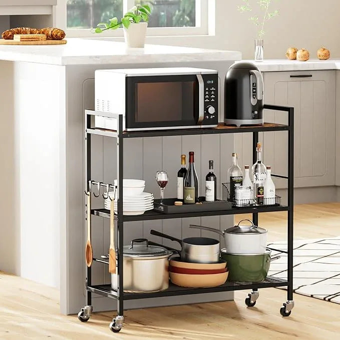3-Tier Metal Storage Rack with Industrial Wheels,Mesh Shelving Unit with Wooden Table top,Adjustable Shelf,31.5-Inch Width, for Kitchen, Laundry,Pantry,Plant,Black - ModernBath