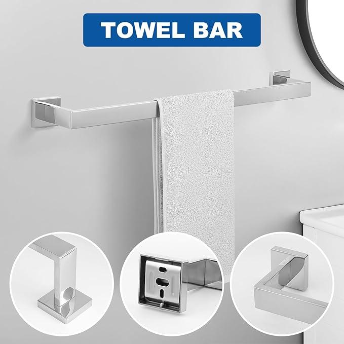 Cilee 15-Pieces Bathroom Hardware Set - Polished Chrome Bathroom Accessories, 24 Inch Towel Bar, Square Towel Ring, Toilet Paper Holder, Towel Hook, Wall-Mounted Stainless Steel Towel Bar Rack Set - ModernBath