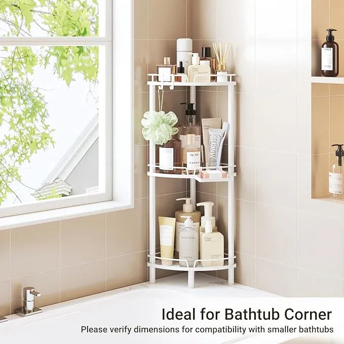 ELYKEN Corner Shower Caddy Standing, 3 Tier Rustproof Metal Shower Organizer with Soap Holder, Floor Shower Corner Shelf Rack Storage Stands with Adjustable Feet & 2 Hooks for Bathroom, White - ModernBath