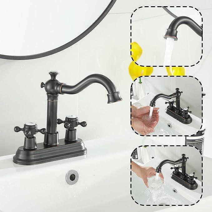 GGStudy Bathroom Faucet Oil Rubbed Bronze 2 Handles 4 Inches Centerset Bathroom Vanity with Drain Assembly and Supply Hose Lavatory Faucet - ModernBath