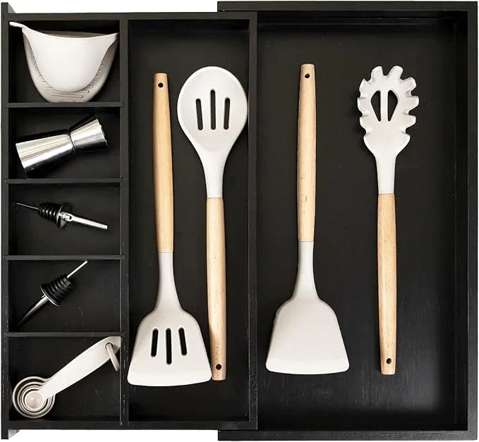 KitchenEdge Adjustable Kitchen Drawer Organizer for Utensils and Junk, Food-Safe Contract Grade with 100% Sustainable Wood, Expandable from 10.5 to 19 Inches Wide - Black Bamboo - ModernBath