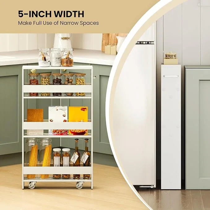 Small Kitchen Cart, 4-Tier Slim Rolling Island w/Handle, Laundry Room Storage Organizers Between Washer and Dryer, Narrow Spice Rack on Wheels Next to Fridge (White, 5'') - ModernBath