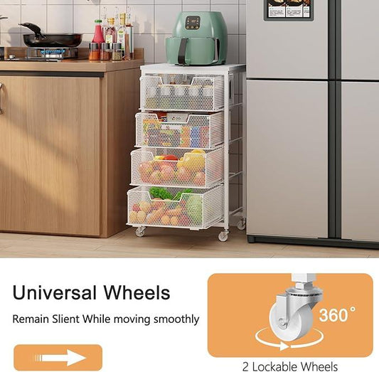 4-Tier Kitchen Storage Cart - Fruit Vegetable Storage Cart with Drawers, Wooden Top Metal Wire Kitchen Organizer and Storage Cart with Wheels to Storage Onions Potatoes Cans Snacks for Kitchen - ModernBath