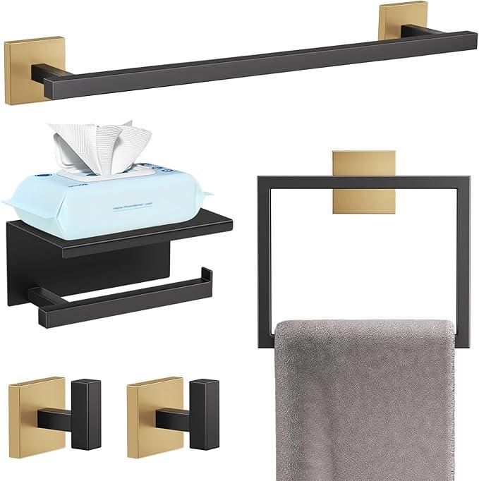 YACVCL 5-Pieces Black and Gold Bathroom Hardware Accessories Set Stainless Steel Bathroom Towel Bar Set Towel Holder Set for Bathroom,Upgraded Toilet Paper Holder with Shelf,Wall Mounted 23.6" - ModernBath