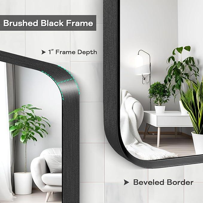 Minuover Wall Mount Mirror for Bathroom, Brushed Black Metal Framed Large Rounded Corner Rectangular Vanity Mirror, Anti-Rust, Tempered Glass (30" x 48", Black) - ModernBath