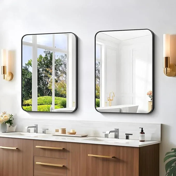 CIVENO Bathroom Mirror, 18 x 24 inch Metal Framed Black Rectangle Mirror, Rounded Corner Rectangular Vanity Mirror, Wall Mounted Mirror for Modern Bedroom Living Room Hangs Horizontal or Vertical - ModernBath