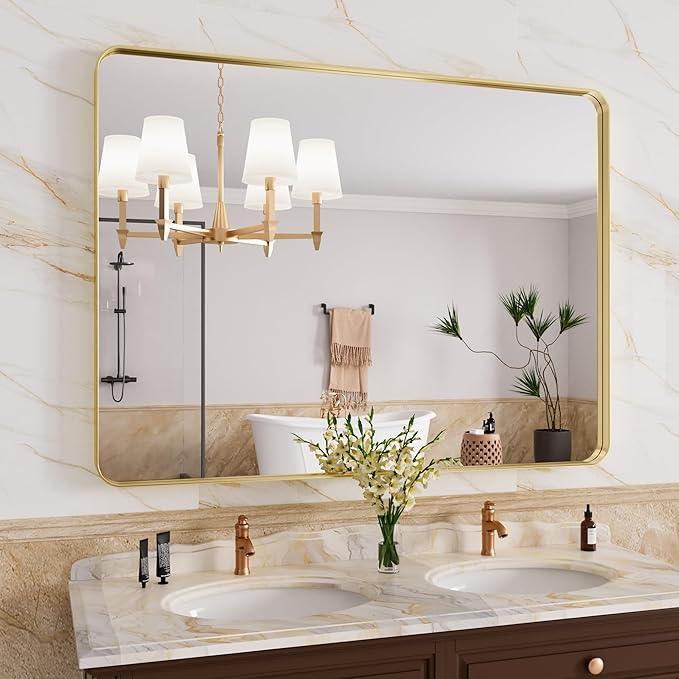 JISOSO Gold Bathroom Mirror, 40x30 Inch Brushed Gold Metal Frame Mirror for Wall, Rounded Rectangle Bathroom Vanity Mirror, Tempered Glass, Anti-Rust, Horizontal/Vertical - ModernBath