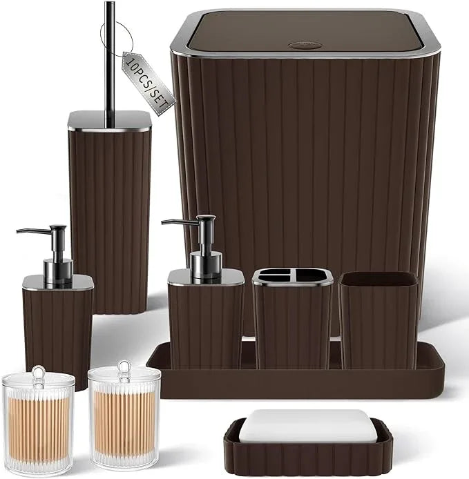 XLHOMO Bathroom Accessories Set - Gorgeous Bathroom Set, 10PC Brown Bathroom Accessories, Bathroom Accessory Set, Toilet Brush, Trash Can, Qtip Holder Dispenser & Soap Dispenser - ModernBath