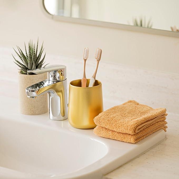 Yew Design Gold Toothbrush and Toothpaste Holder and Cup for Bathroom Vanity and Countertop, Round Organizer for Electric Toothbrushes, Floss, Razors, Cotton, and Mouthwash - ModernBath